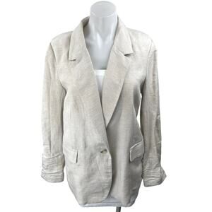 Aqua Beige Linen Notch Lapel Pocket Single Button Blazer Coat Jacket Size S